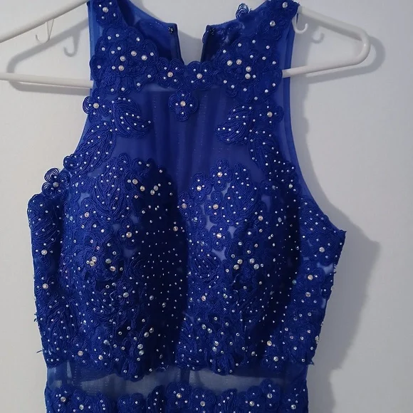 Anny Lee Blue Sequined Lace Wedding Prom Cocktail Evening Gown Dress Small - Picture 3 of 15